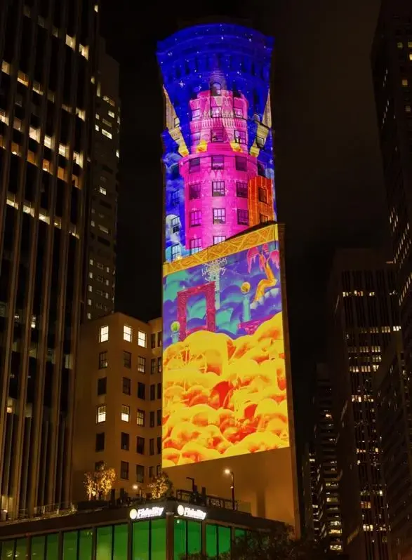 A building in downtown S.F. Lights up in a magical city of rainbow colors 