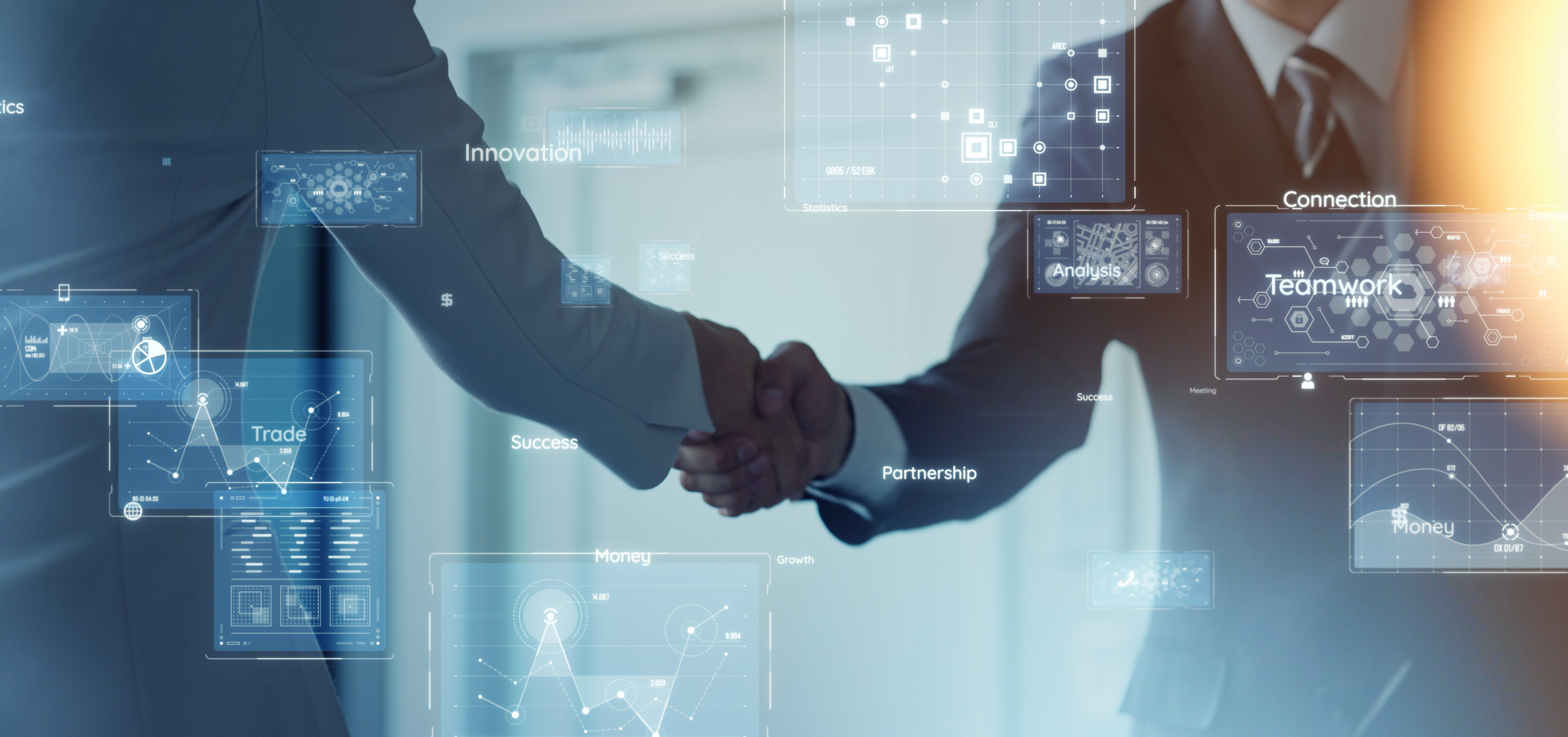 Business and technology concept. Shaking hands. GUI (Graphical User Interface).